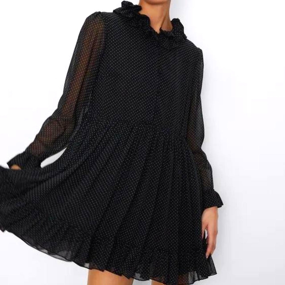 Zara Black Polka Dot Chiffon High Ruffle Neck & Hem Long Sleeve Tiered Dress XS